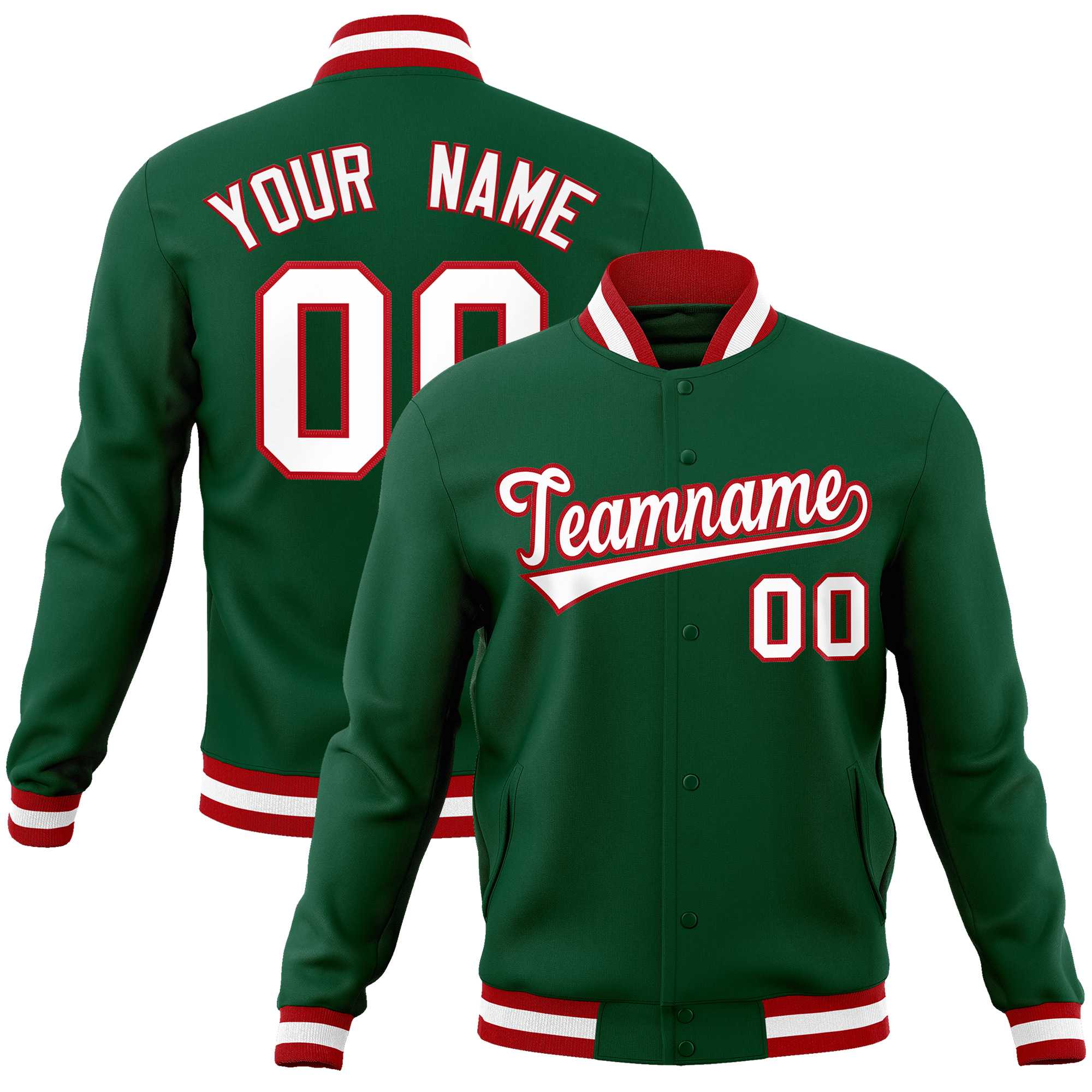 Custom Green White-Red Classic Style Varsity Full-Snap Letterman Jacket | KXKSHOP