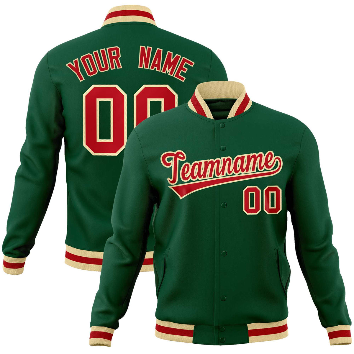 Custom Green Red-Khaki Classic Style Varsity Full-Snap Letterman Jacket | KXKSHOP