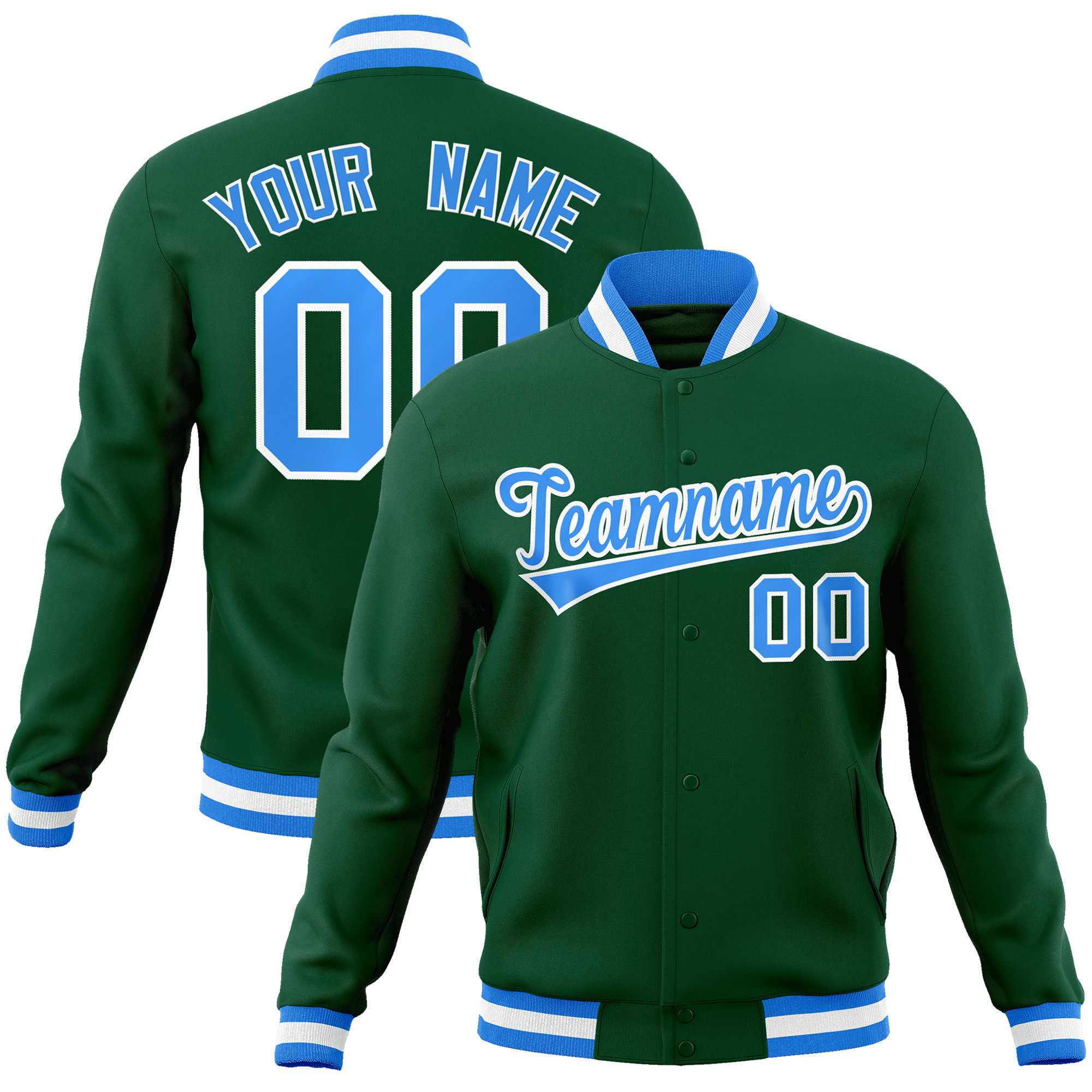 Custom Green Powder Blue-White Classic Style Varsity Full-Snap Letterman Jacket | KXKSHOP
