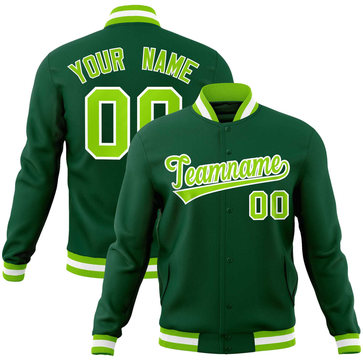 Custom Green Neon Green-White Classic Style Varsity Full-Snap Letterman Jacket | KXKSHOP