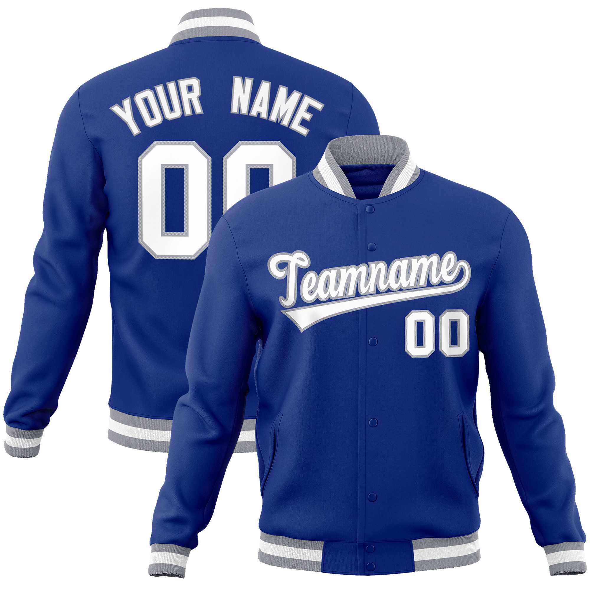 Custom Royal White-Gray Classic Style Varsity Full-Snap Letterman Jacket | KXKSHOP