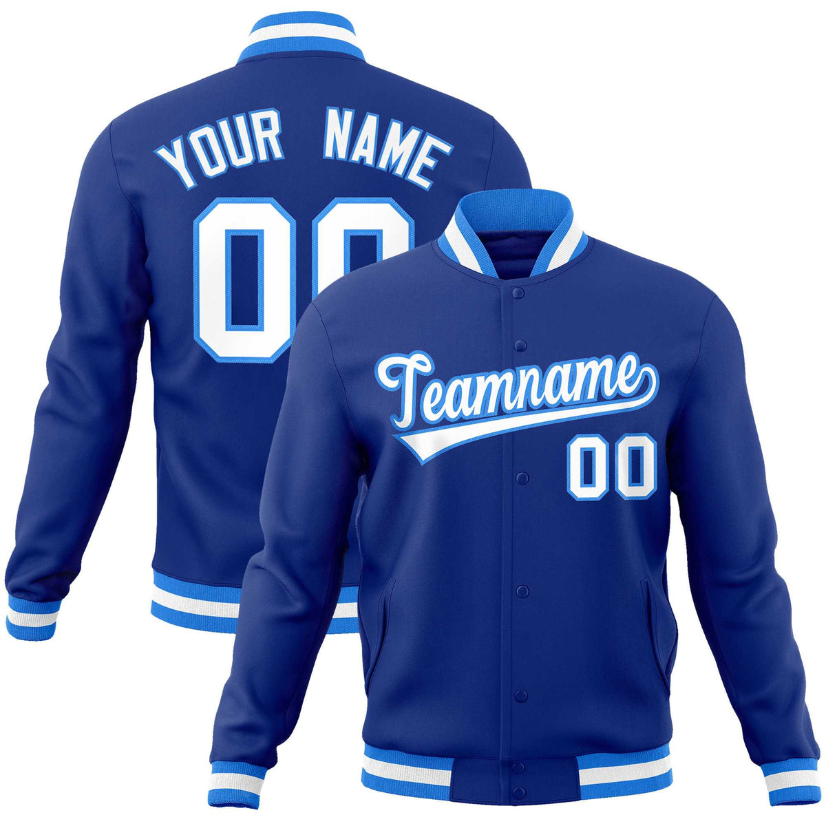 Custom Royal White-Powder Blue Classic Style Varsity Full-Snap Letterman Jacket | KXKSHOP