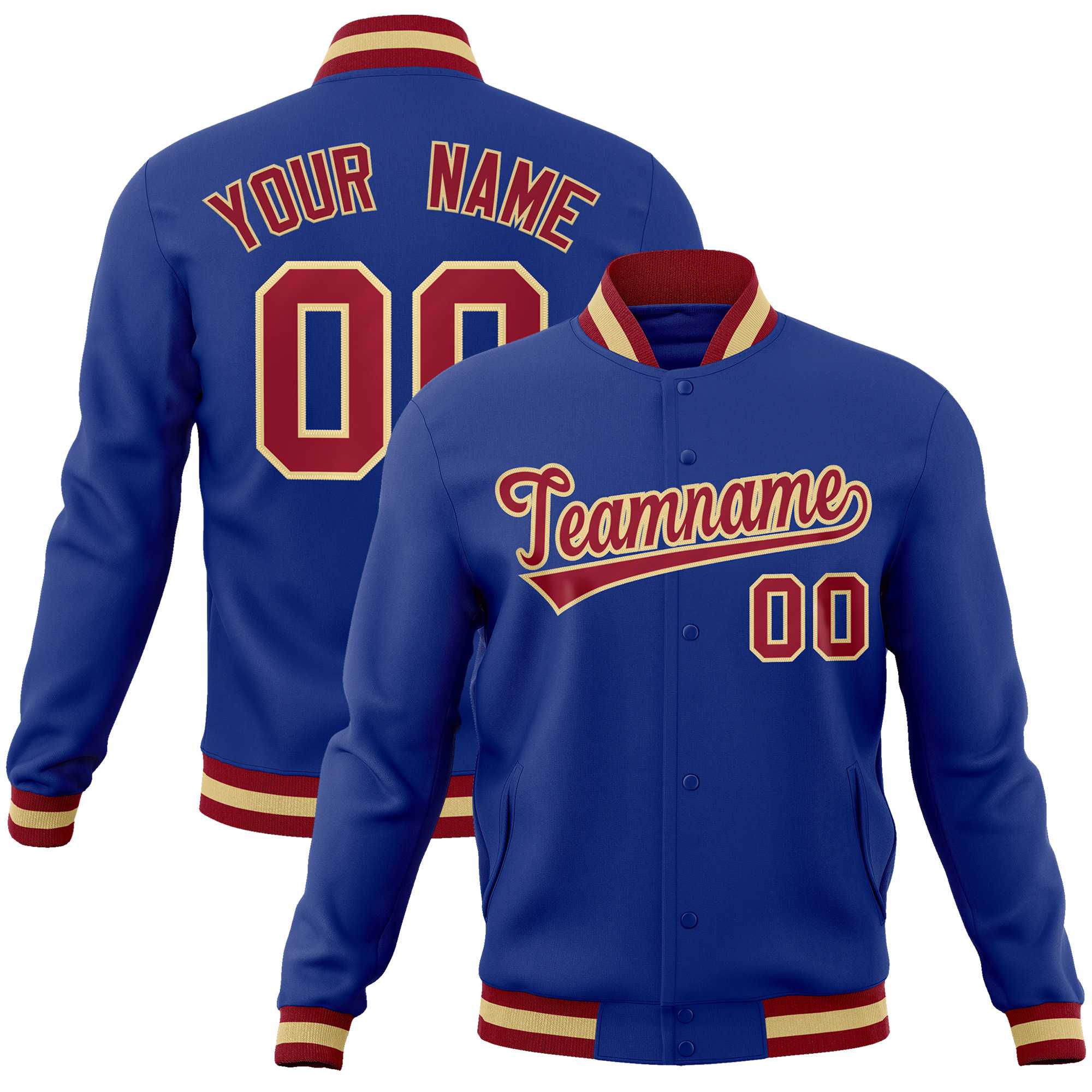 Custom Royal Crimson-Khaki Classic Style Varsity Full-Snap Letterman Jacket | KXKSHOP