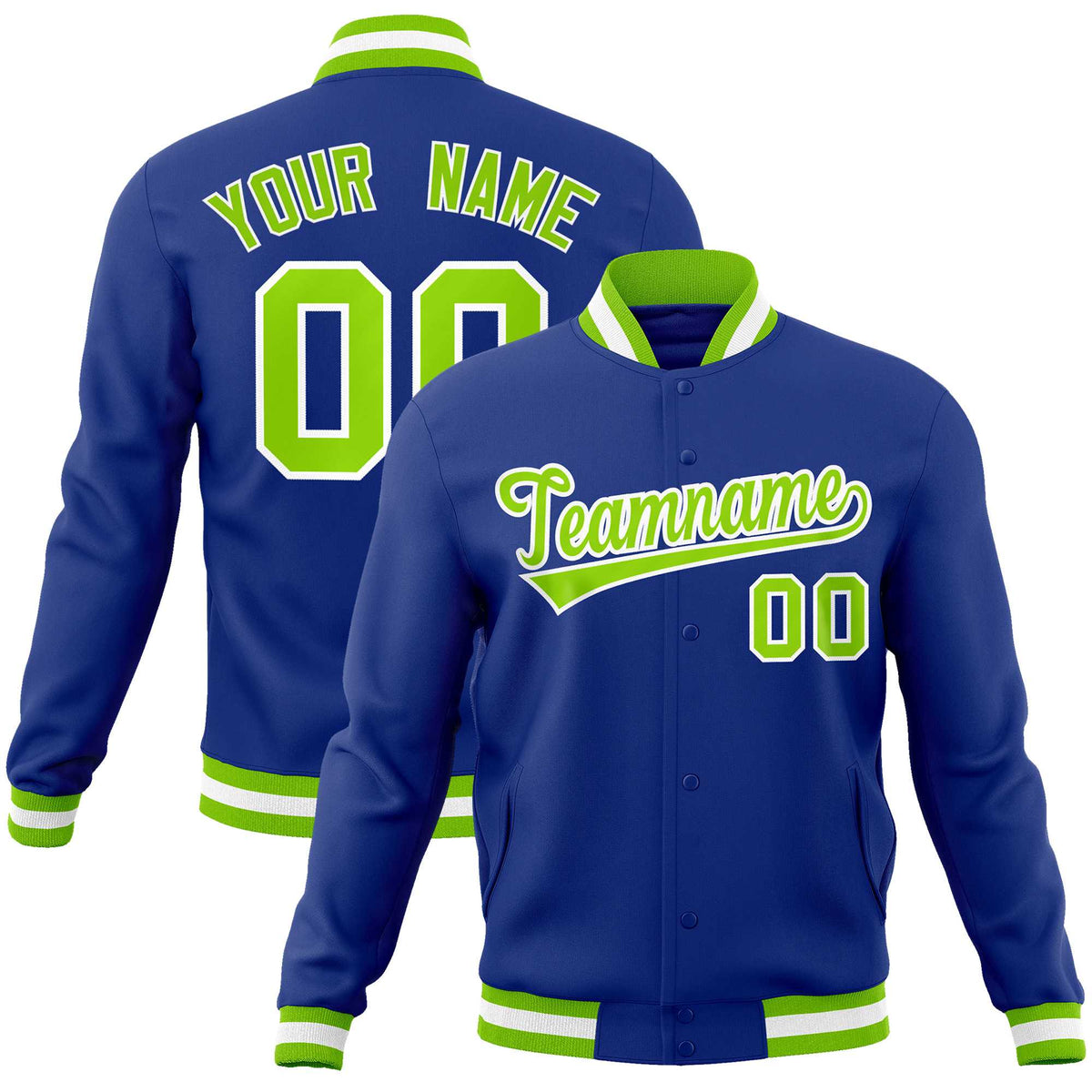 Custom Royal Neon Green-White Classic Style Varsity Full-Snap Letterman Jacket | KXKSHOP
