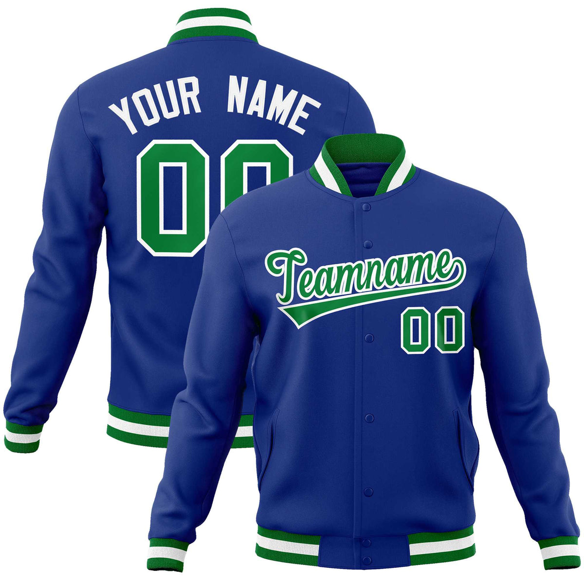 Custom Royal Kelly Green-White Classic Style Varsity Full-Snap Letterman Jacket | KXKSHOP