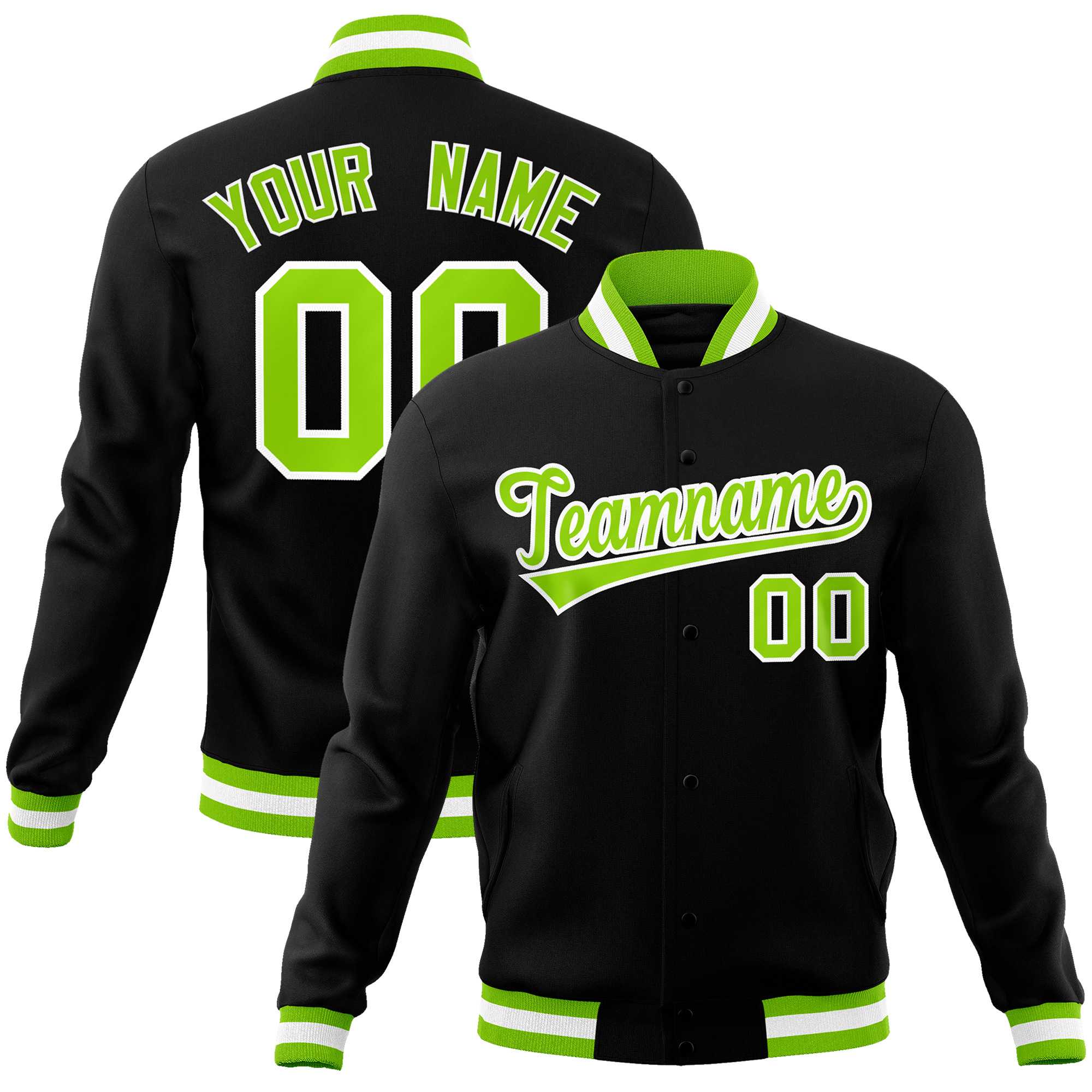 Custom Black Neon Green-White Classic Style Varsity Full-Snap Letterman Jacket | KXKSHOP