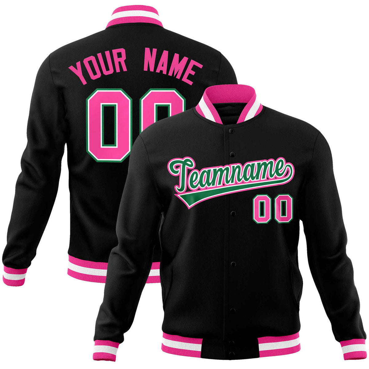 Custom Black Kelly Green-Pink Classic Style Varsity Full-Snap Letterman Jacket | KXKSHOP