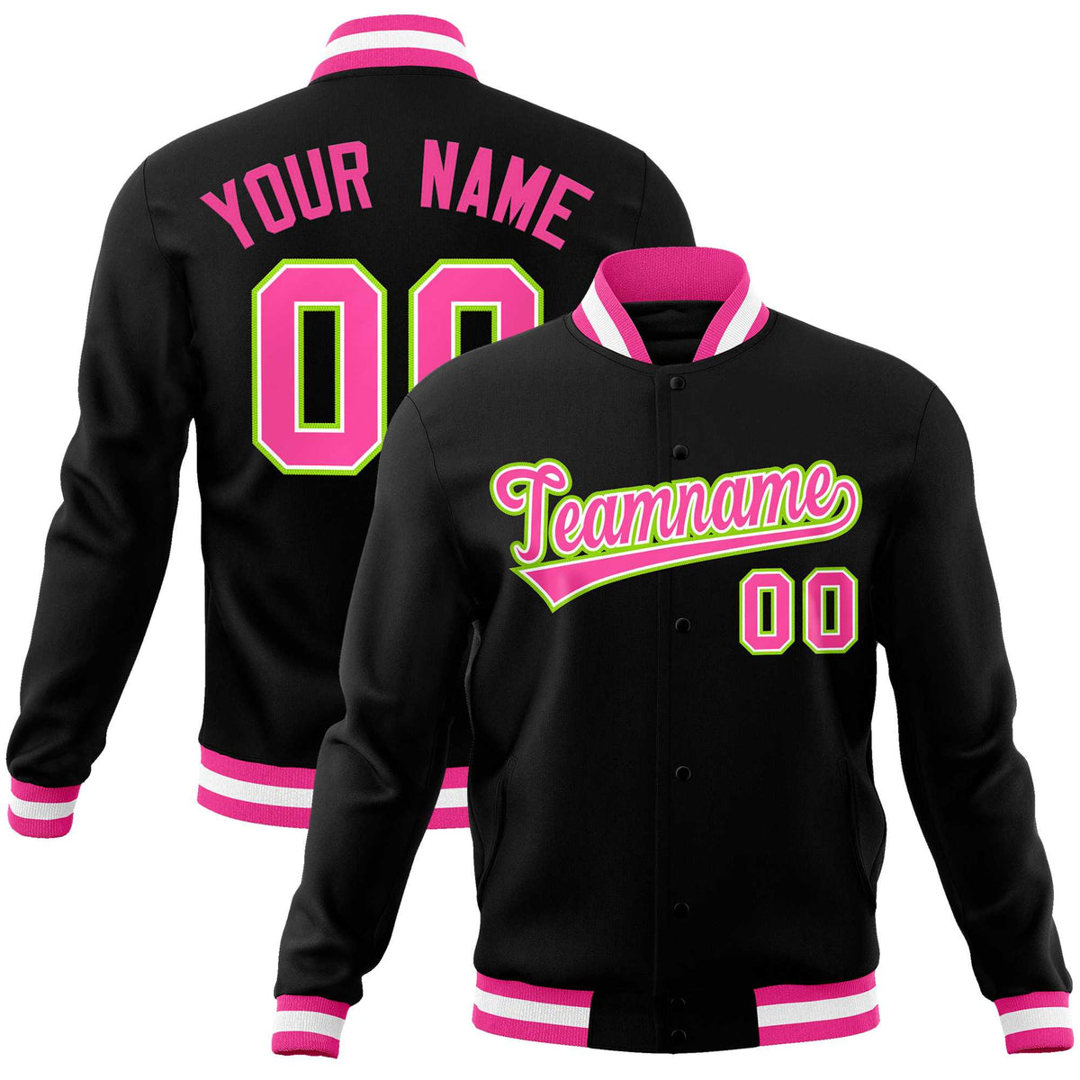 Custom Black Pink-Neon Green Classic Style Varsity Full-Snap Letterman Jacket | KXKSHOP