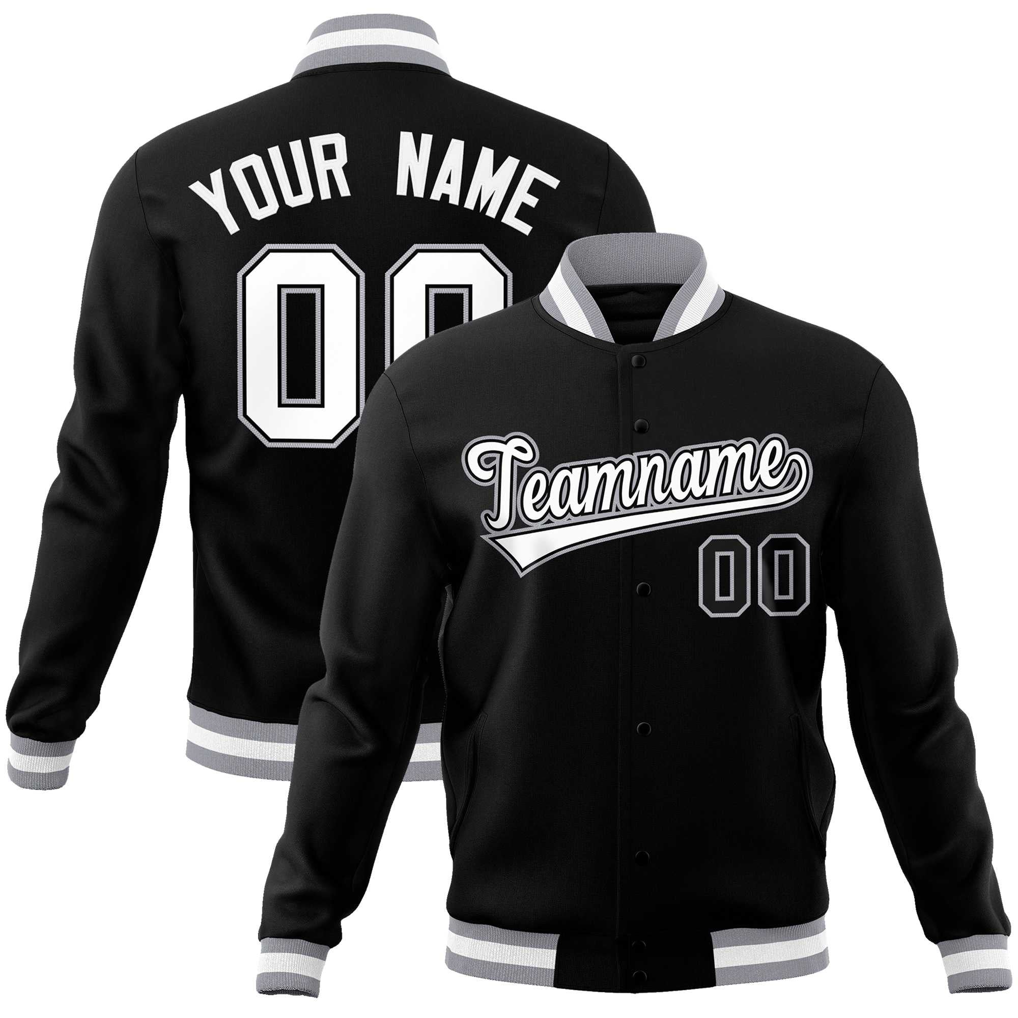 Custom Black White-Gray Classic Style Varsity Full-Snap Letterman Jacket | KXKSHOP
