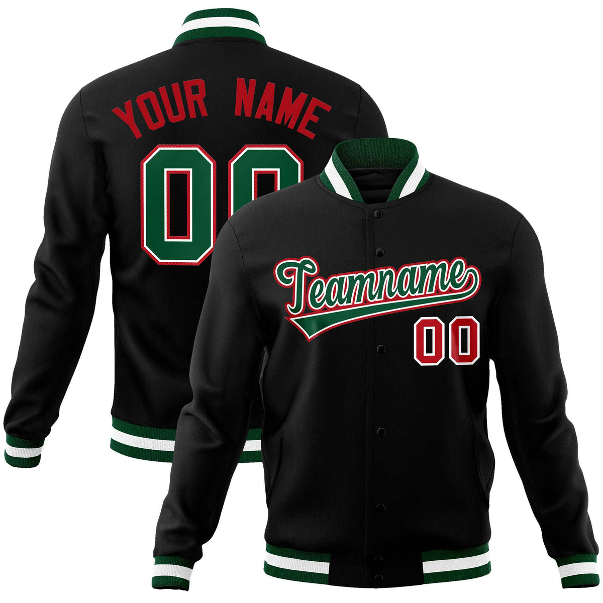 Custom Black Green-Red Classic Style Varsity Full-Snap Letterman Jacket | KXKSHOP