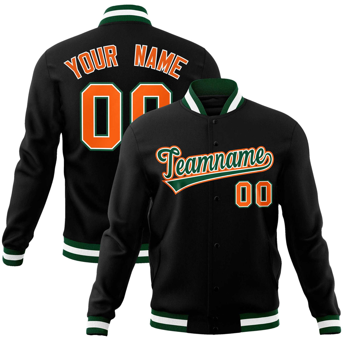 Custom Black Green-Orange Classic Style Varsity Full-Snap Letterman Jacket | KXKSHOP