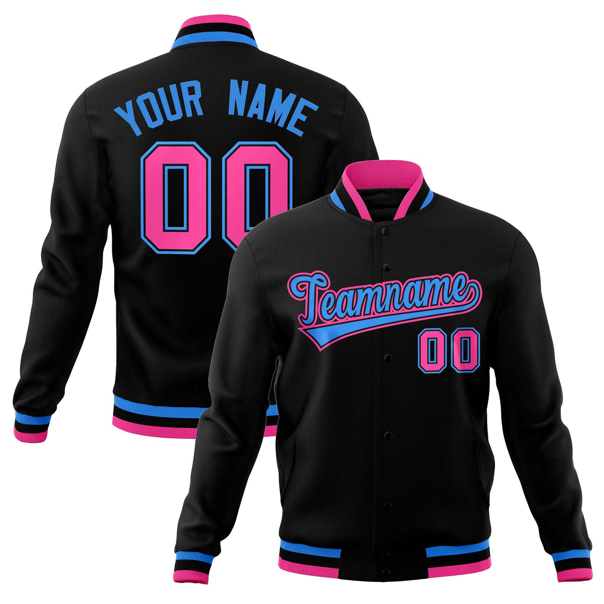 Custom Black Powder Blue-Pink Classic Style Varsity Full-Snap Letterman Jacket | KXKSHOP