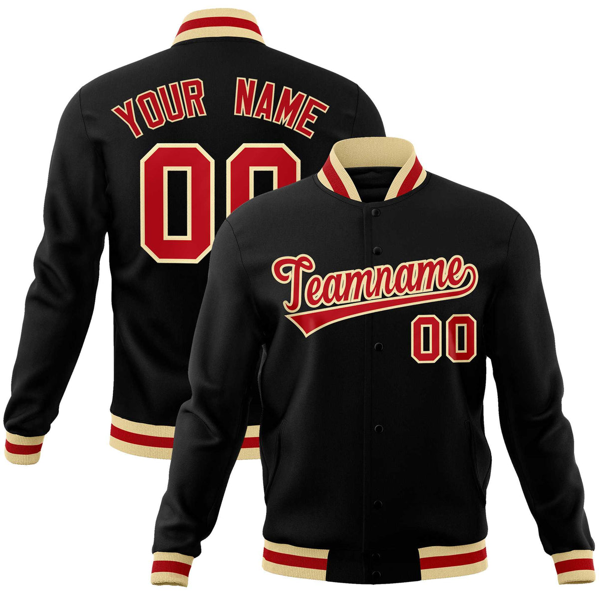 Custom Black Red-Khaki Classic Style Varsity Full-Snap Letterman Jacket | KXKSHOP