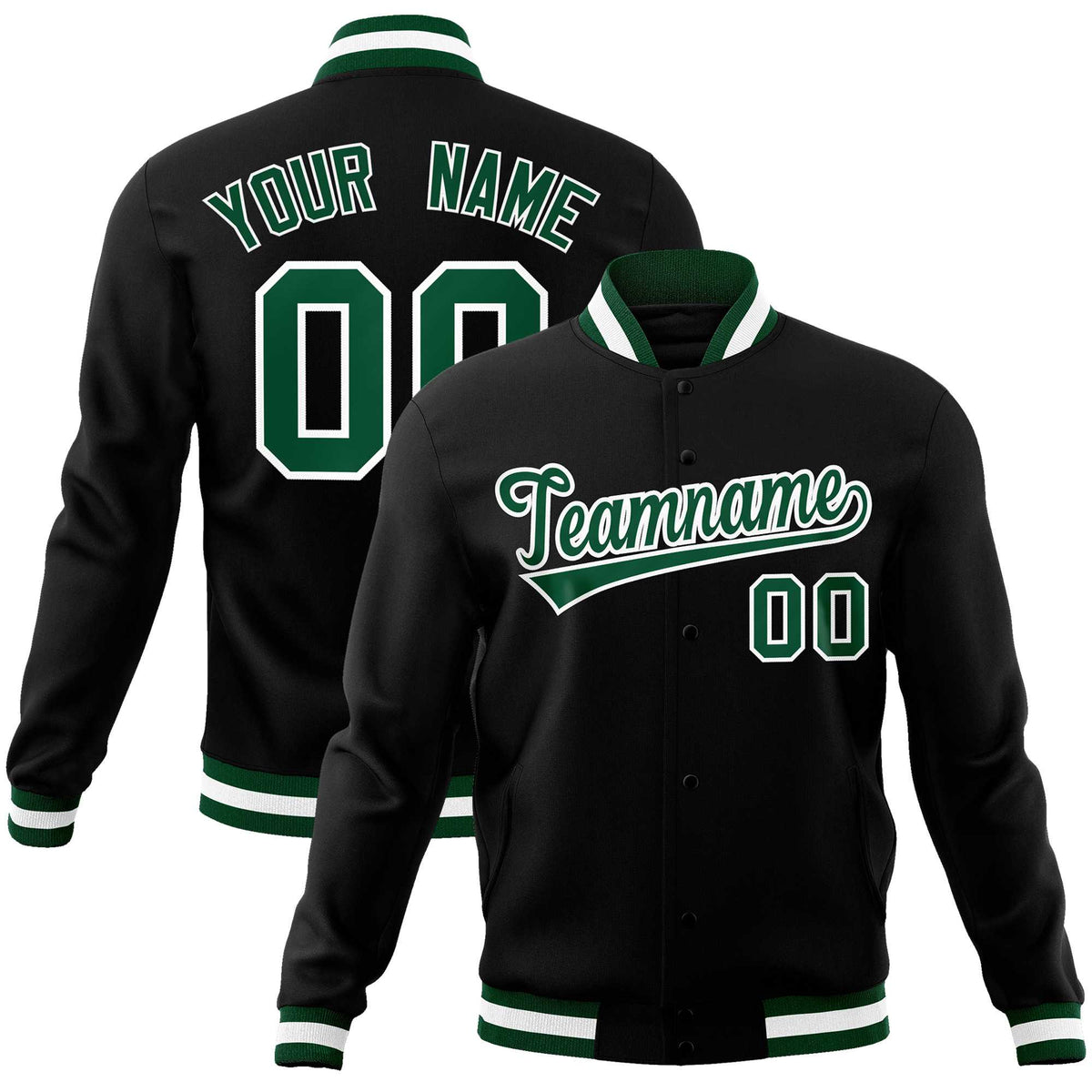Custom Black Green-White Classic Style Varsity Full-Snap Letterman Jacket | KXKSHOP