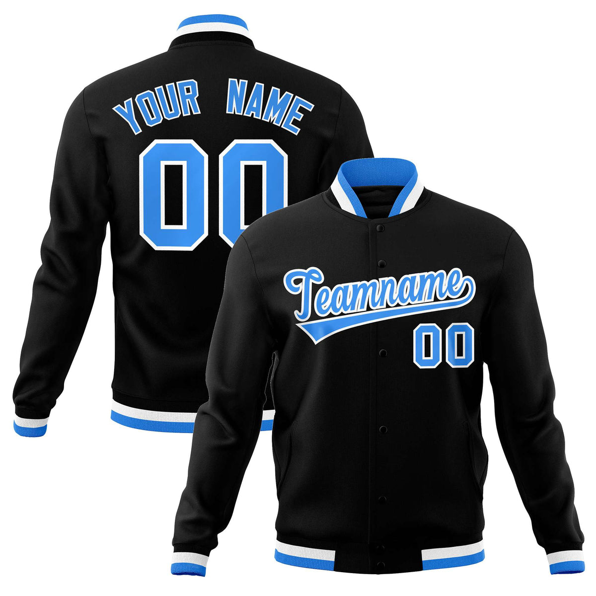 Custom Black Powder Blue-White Classic Style Varsity Full-Snap Letterman Jacket | KXKSHOP