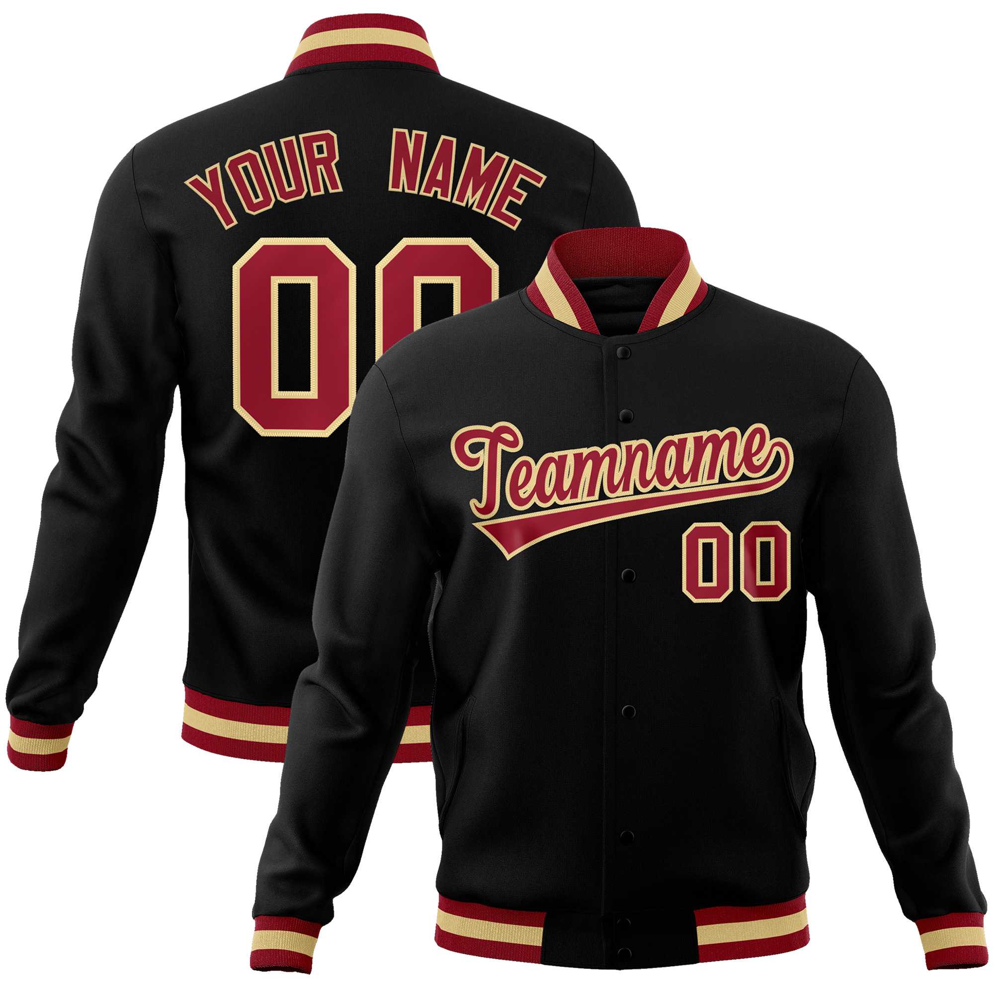 Custom Black Crimson-Khaki Classic Style Varsity Full-Snap Letterman Jacket | KXKSHOP
