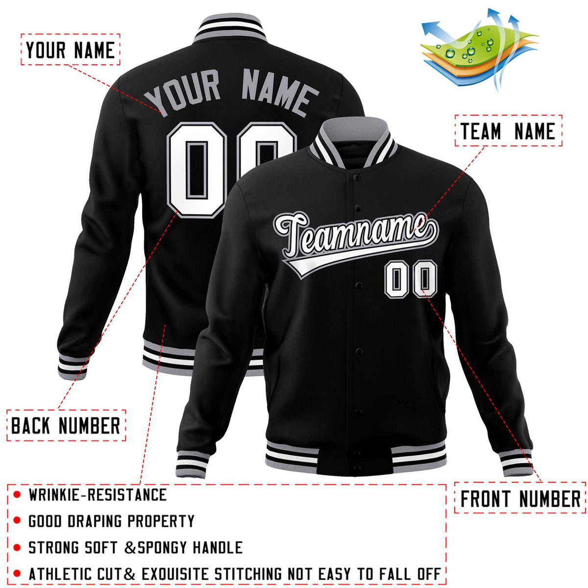 Custom White Black-Gray Classic Style Varsity Full-Snap Letterman Jacket | KXKSHOP