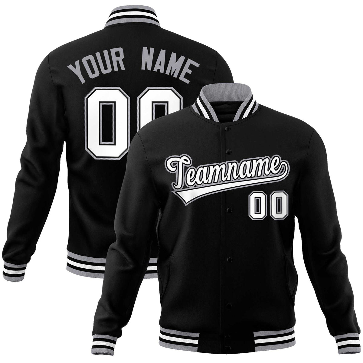 Custom Black White-Gray Classic Style Varsity Full-Snap Letterman Jacket | KXKSHOP