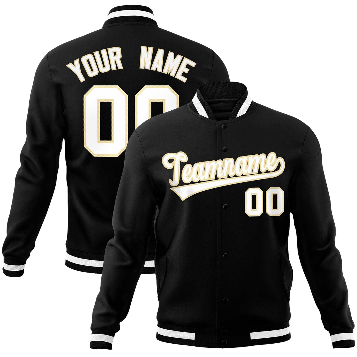 Custom Black White-Khaki Classic Style Varsity Full-Snap Letterman Jacket | KXKSHOP