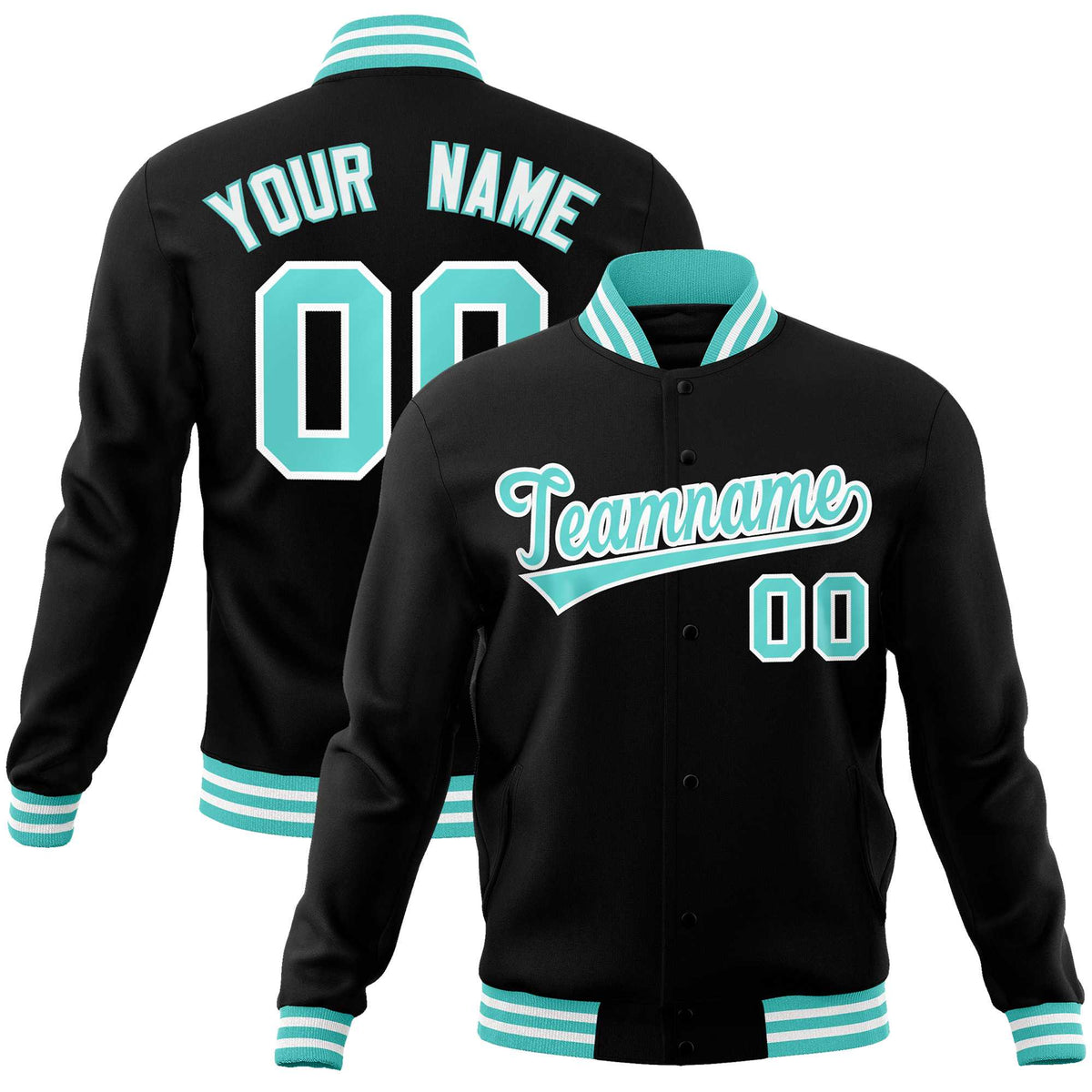 Custom Black Aqua-White Classic Style Varsity Full-Snap Letterman Jacket | KXKSHOP
