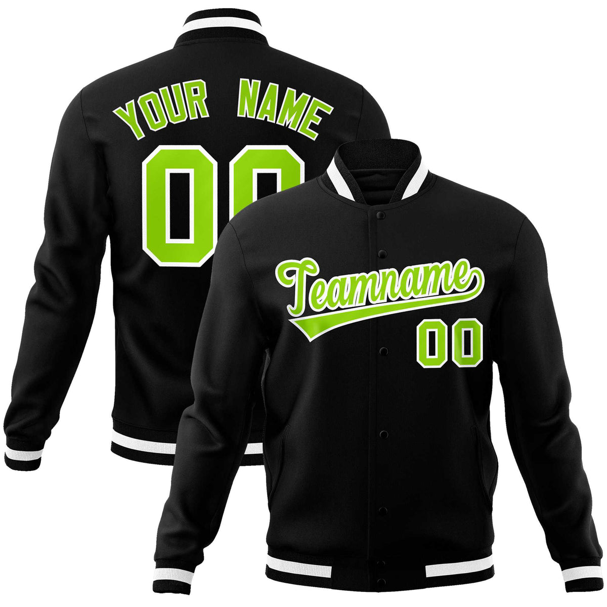 Custom Black Neon Green-White Classic Style Varsity Full-Snap Letterman Jacket | KXKSHOP