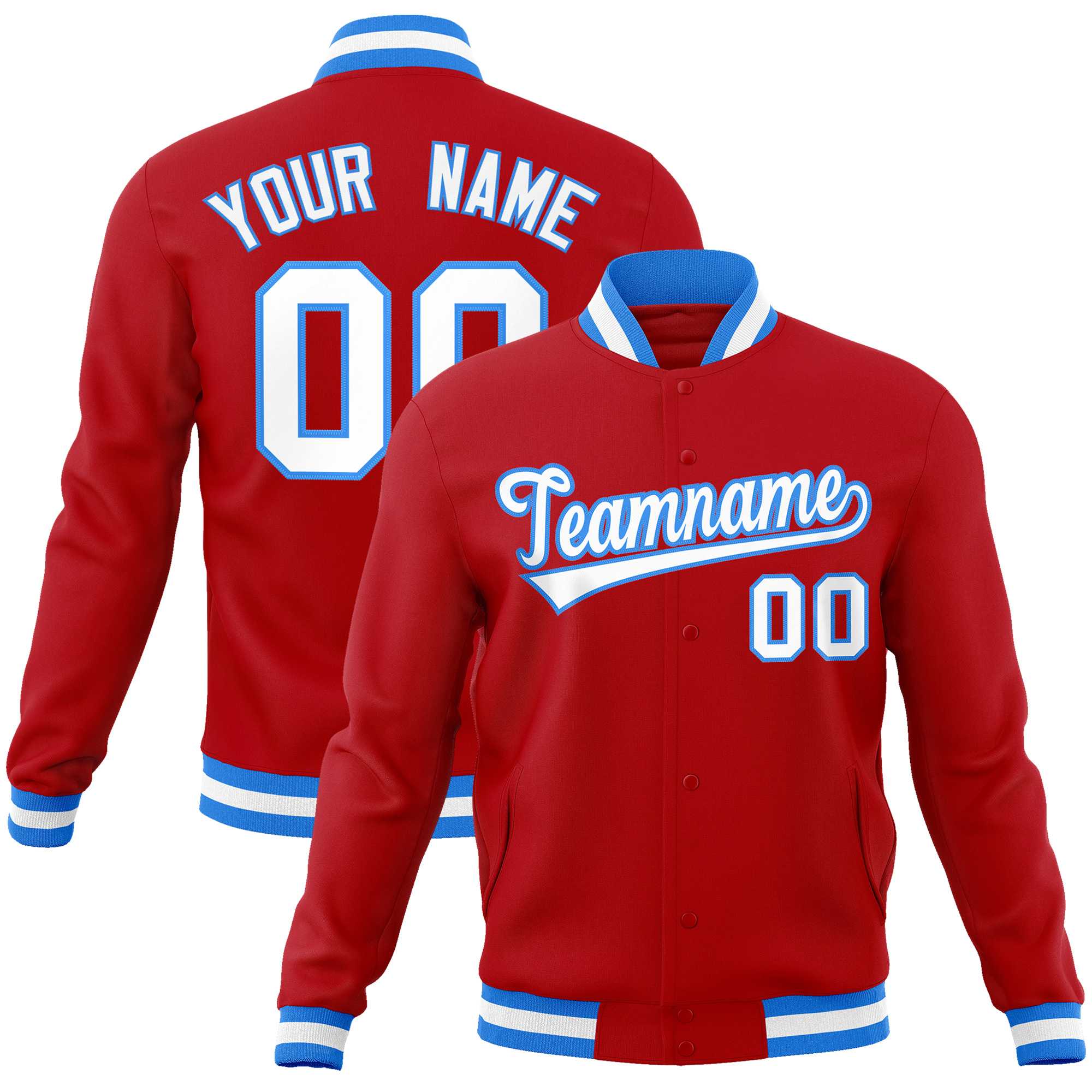 Custom Red White-Powder Blue Classic Style Varsity Full-Snap Letterman Jacket | KXKSHOP