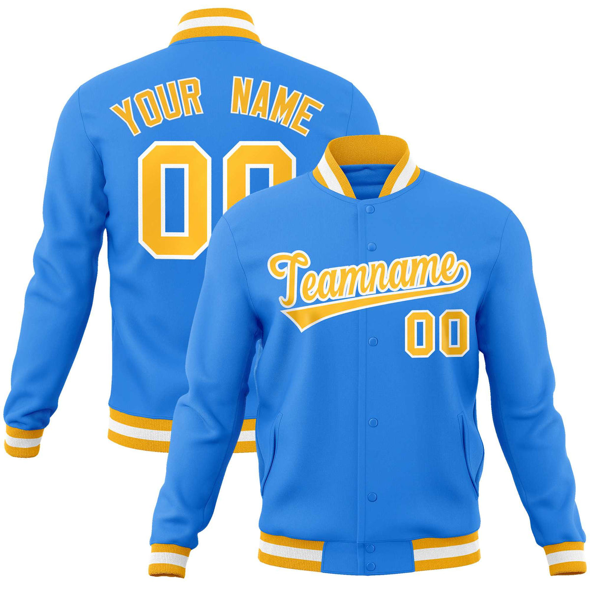 Custom Powder Blue Gold-White Classic Style Varsity Full-Snap Letterman Jacket | KXKSHOP