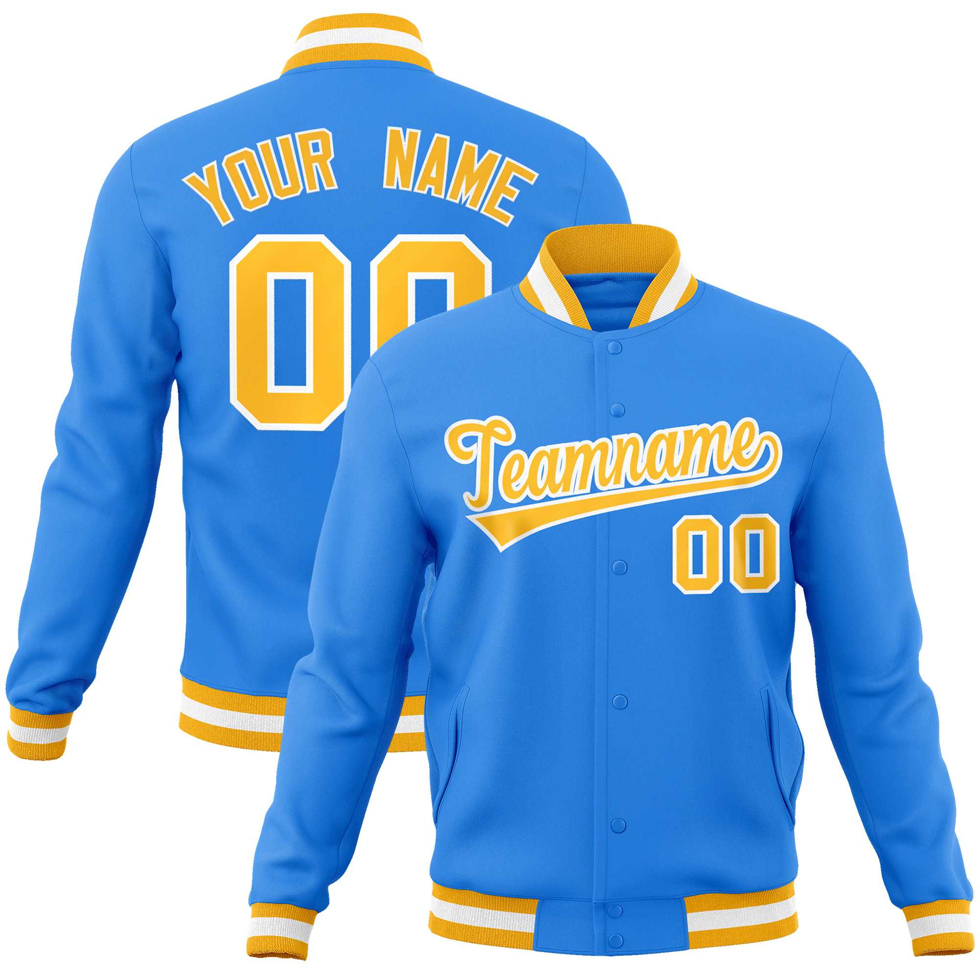 Custom Powder Blue Gold-White Classic Style Varsity Full-Snap Letterman Jacket | KXKSHOP