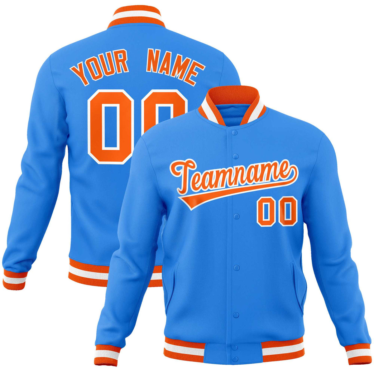 Custom Powder Blue Orange-White Classic Style Varsity Full-Snap Letterman Jacket | KXKSHOP