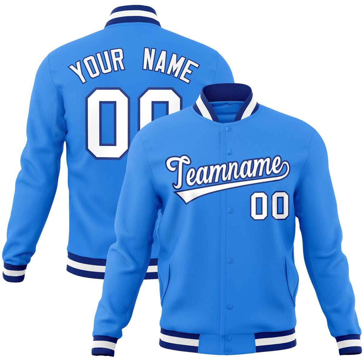 Custom Powder Blue White-Royal Classic Style Varsity Full-Snap Letterman Jacket | KXKSHOP