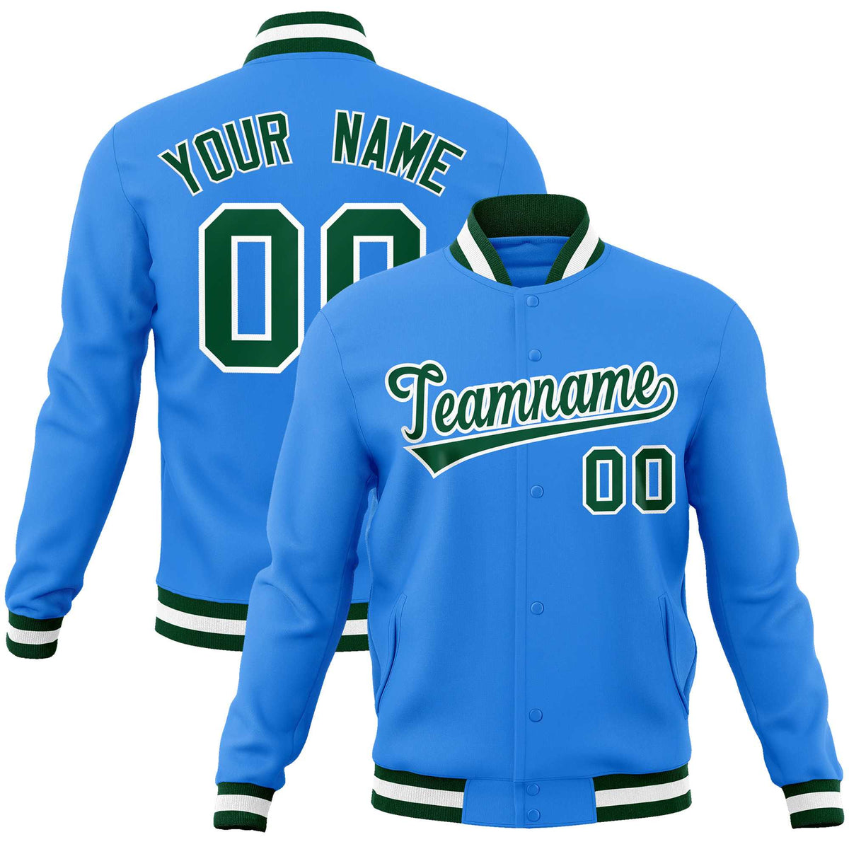 Custom Powder Blue Green-White Classic Style Varsity Full-Snap Letterman Jacket | KXKSHOP