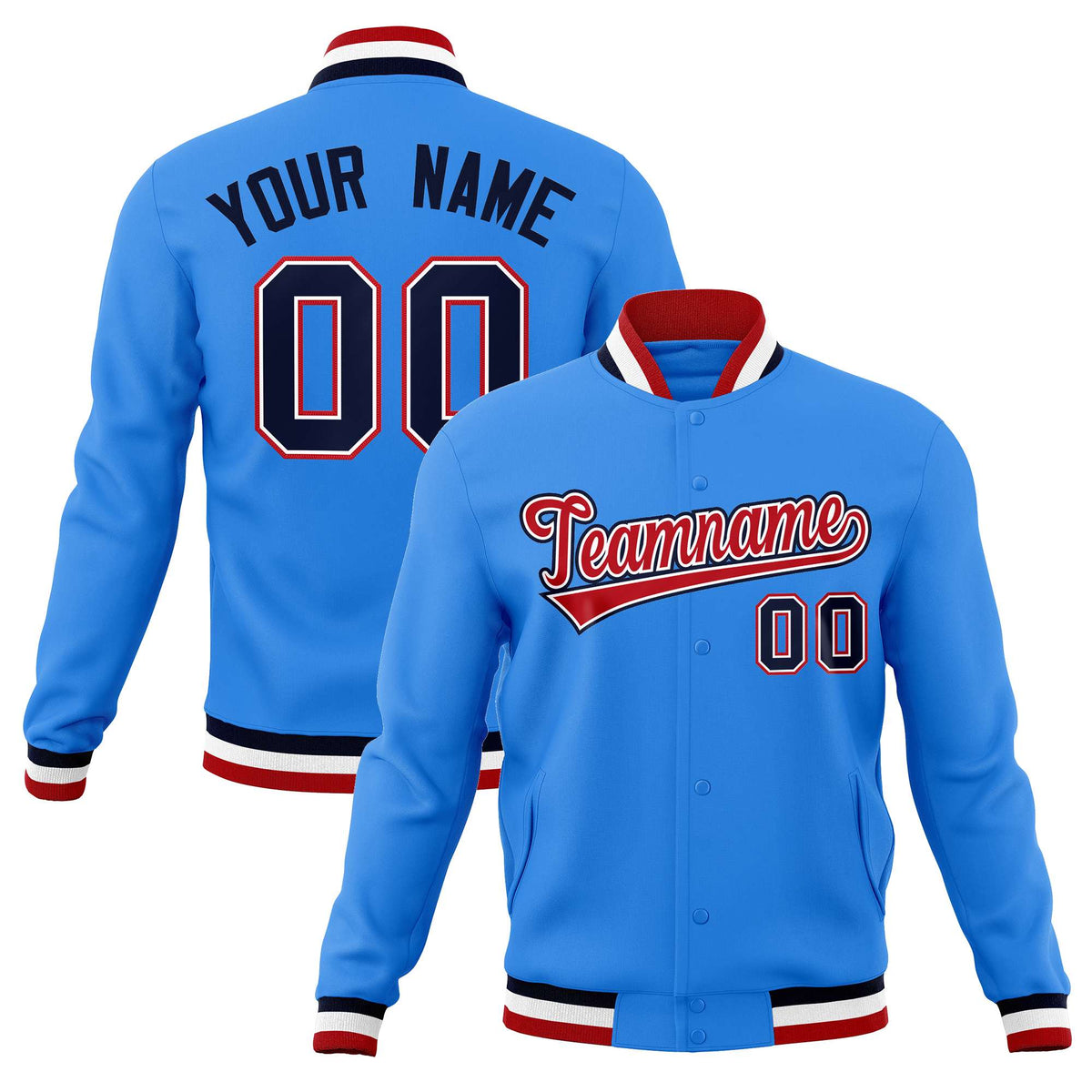 Custom Powder Blue Red-Navy Classic Style Varsity Full-Snap Letterman Jacket | KXKSHOP