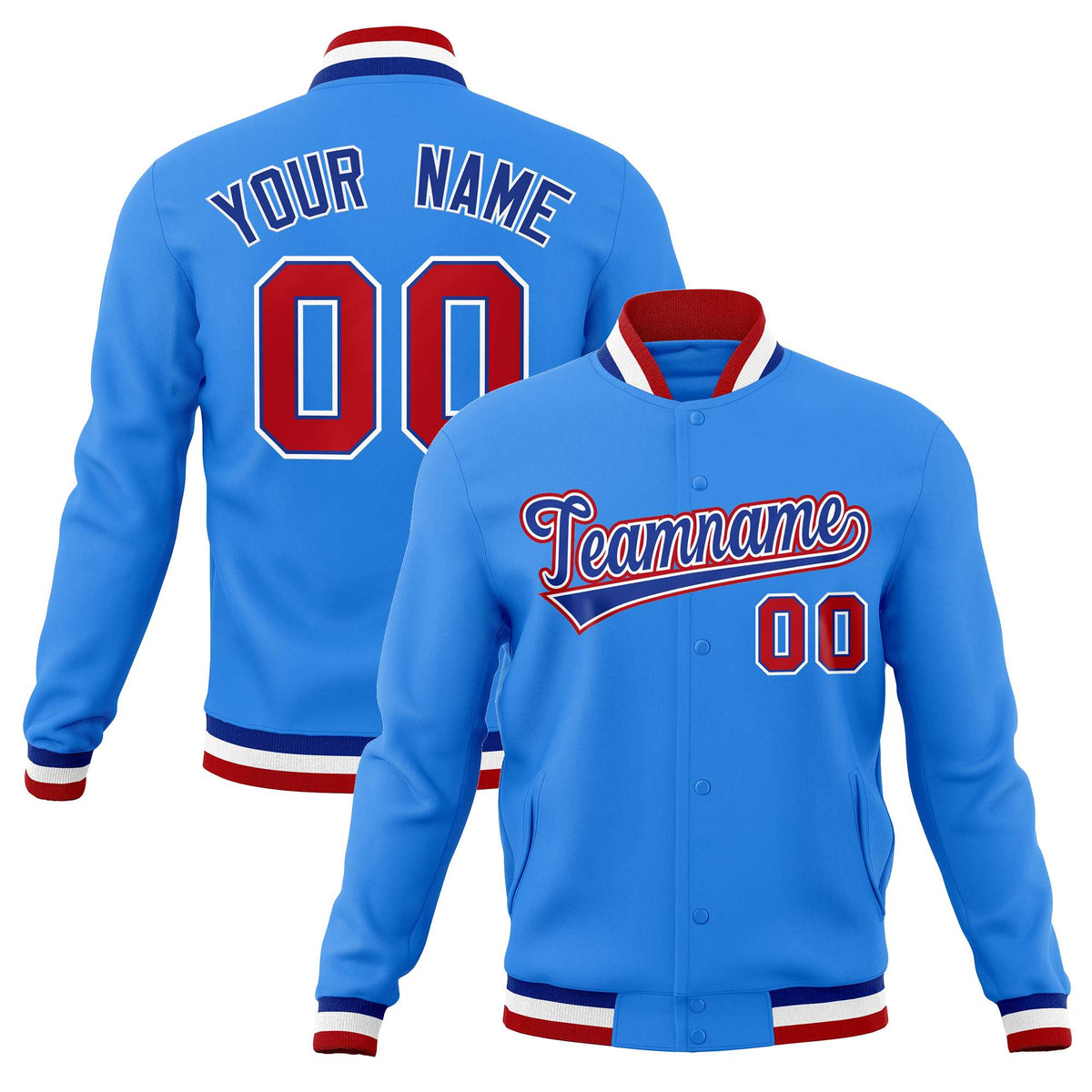 Custom Powder Blue Royal-Red Classic Style Varsity Full-Snap Letterman Jacket | KXKSHOP