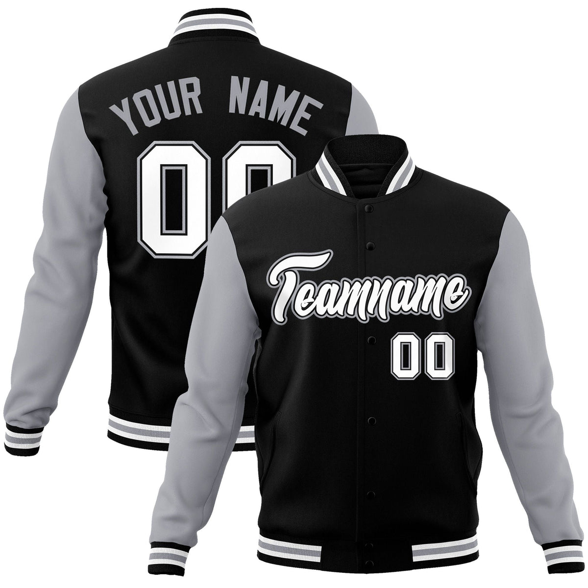 Custom Black White-Black Raglan Sleeves Varsity Full-Snap Letterman Jacket | KXKSHOP