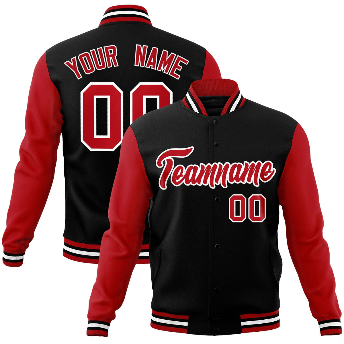 Custom Black White-Black Raglan Sleeves Varsity Full-Snap Letterman Jacket | KXKSHOP