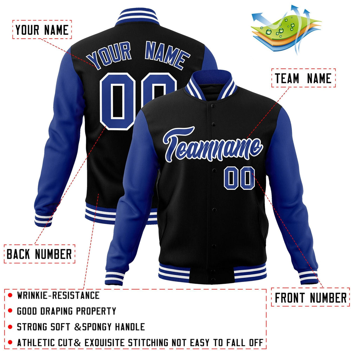 Custom Black White-Black Raglan Sleeves Varsity Full-Snap Letterman Jacket | KXKSHOP