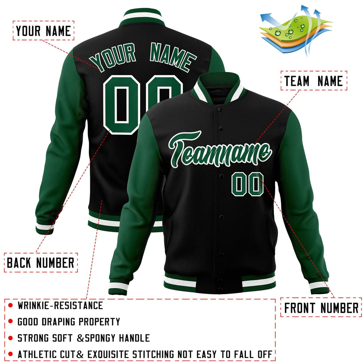 Custom Black White-Black Raglan Sleeves Varsity Full-Snap Letterman Jacket | KXKSHOP