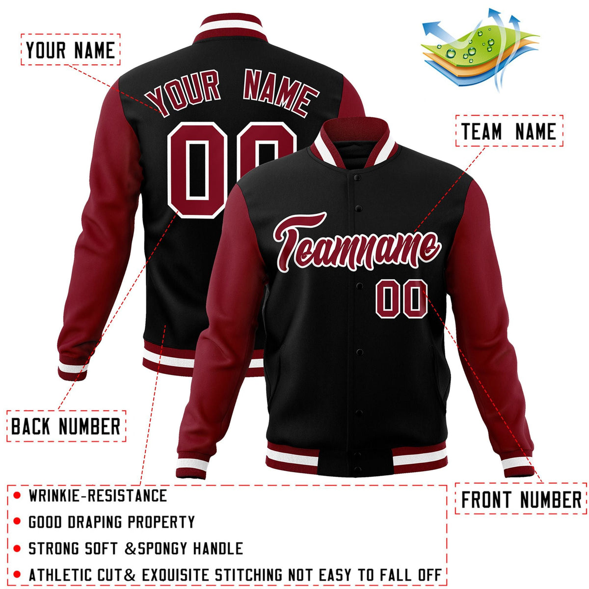 Custom Black White-Black Raglan Sleeves Varsity Full-Snap Letterman Jacket | KXKSHOP