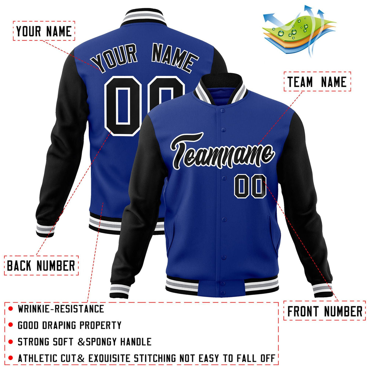 Custom Black White-Black Raglan Sleeves Varsity Full-Snap Letterman Jacket | KXKSHOP