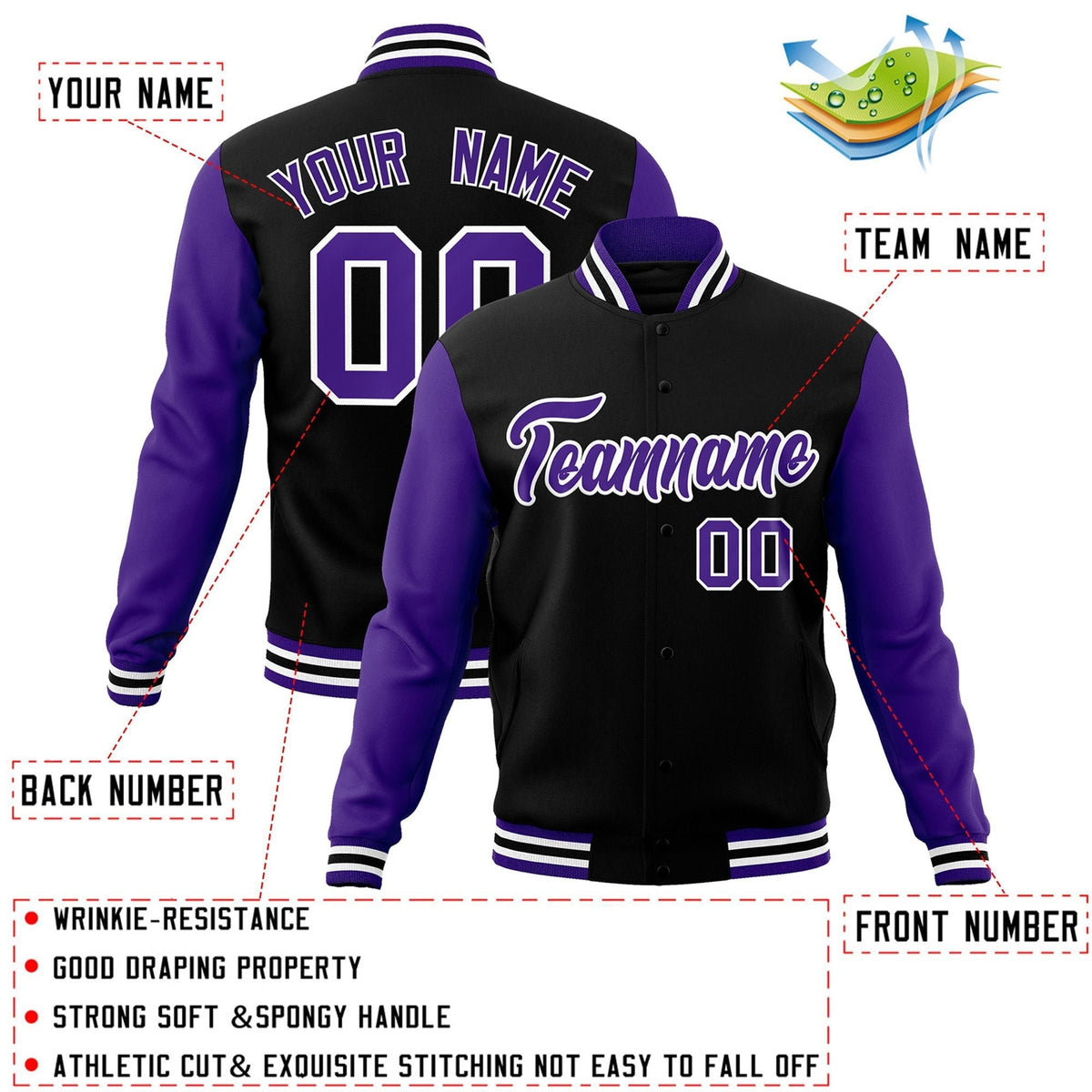 Custom Black White-Black Raglan Sleeves Varsity Full-Snap Letterman Jacket | KXKSHOP