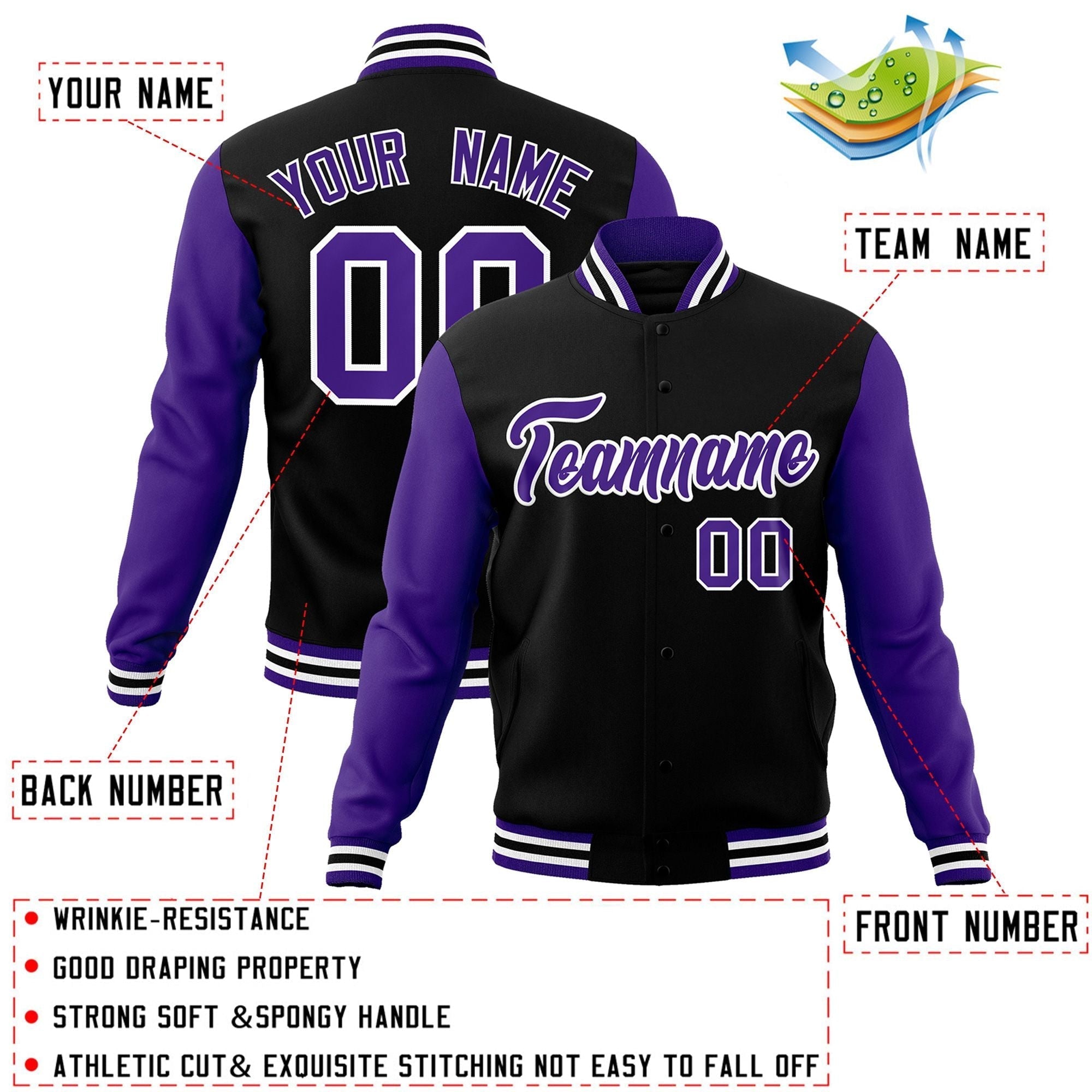 Custom Black White-Black Raglan Sleeves Varsity Full-Snap Letterman Jacket | KXKSHOP