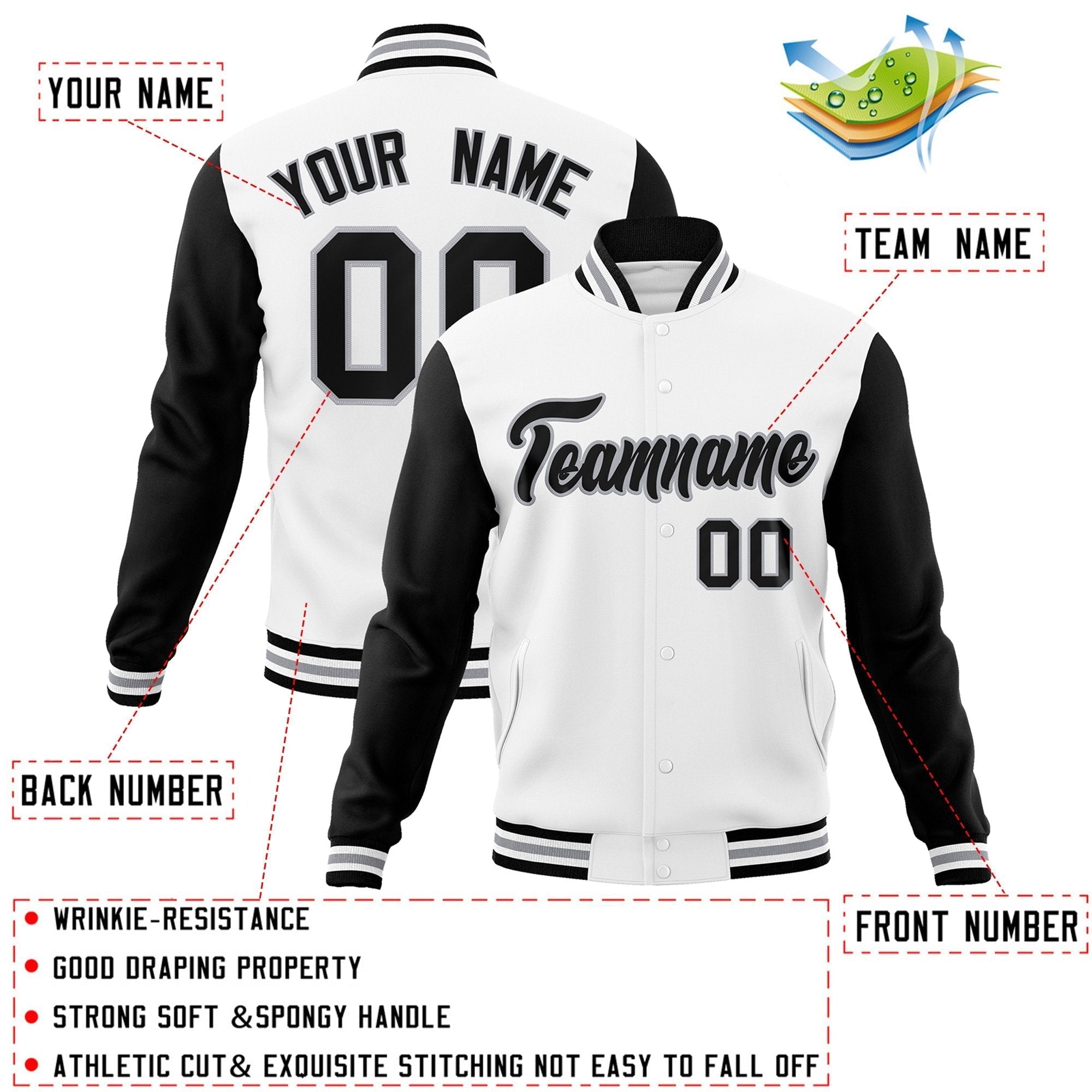 Custom Black White-Black Raglan Sleeves Varsity Full-Snap Letterman Jacket | KXKSHOP