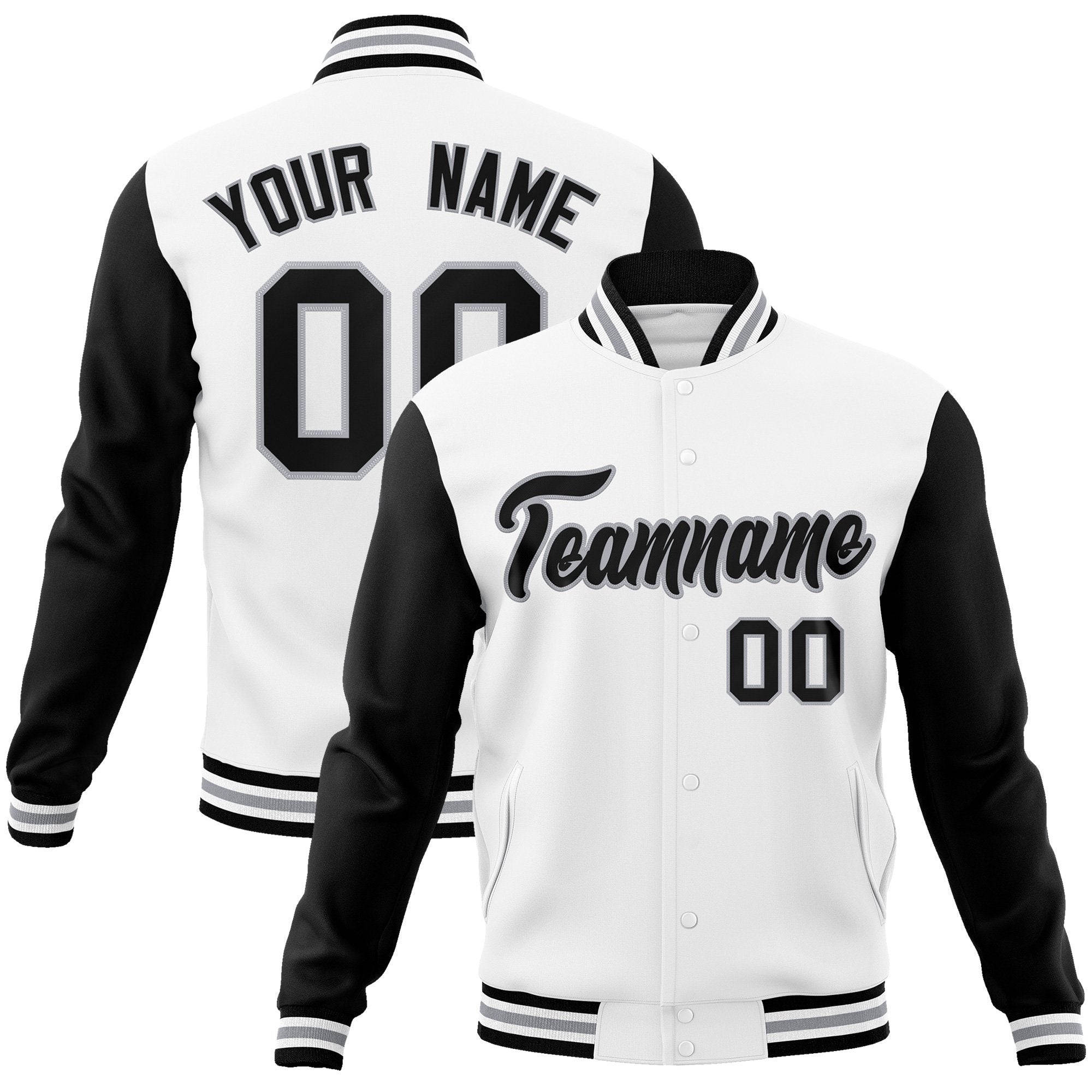 Custom Black White-Black Raglan Sleeves Varsity Full-Snap Letterman Jacket | KXKSHOP