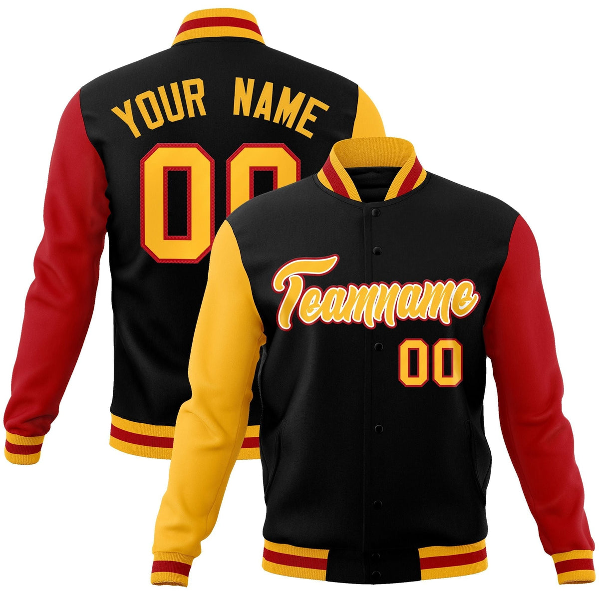 Custom Black White-Black Raglan Sleeves Varsity Full-Snap Letterman Jacket | KXKSHOP