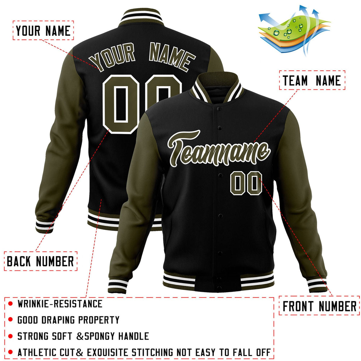 Custom Black White-Black Raglan Sleeves Varsity Full-Snap Letterman Jacket | KXKSHOP