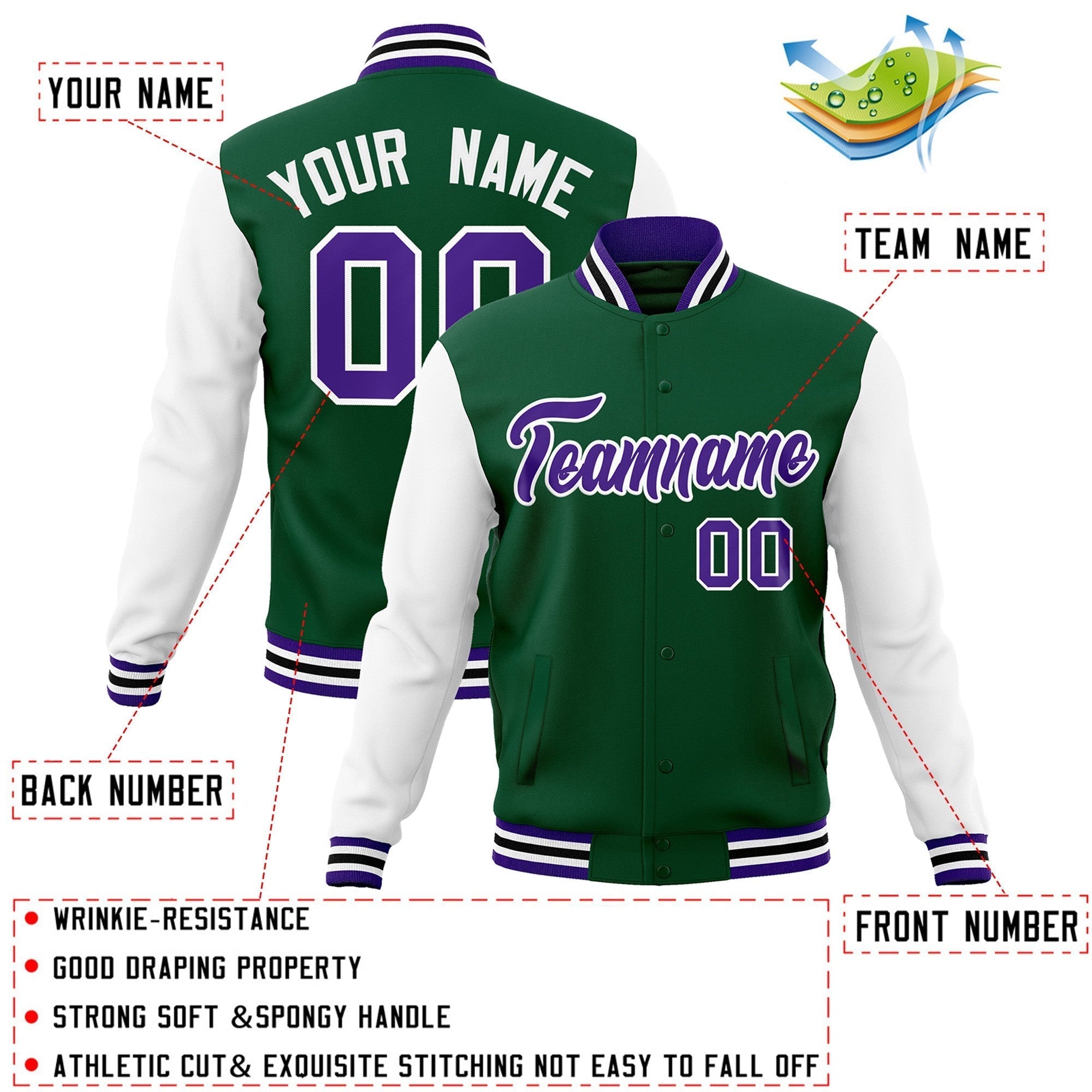 Custom Green Purple-White Raglan Sleeves Varsity Full-Snap Letterman Jacket | KXKSHOP