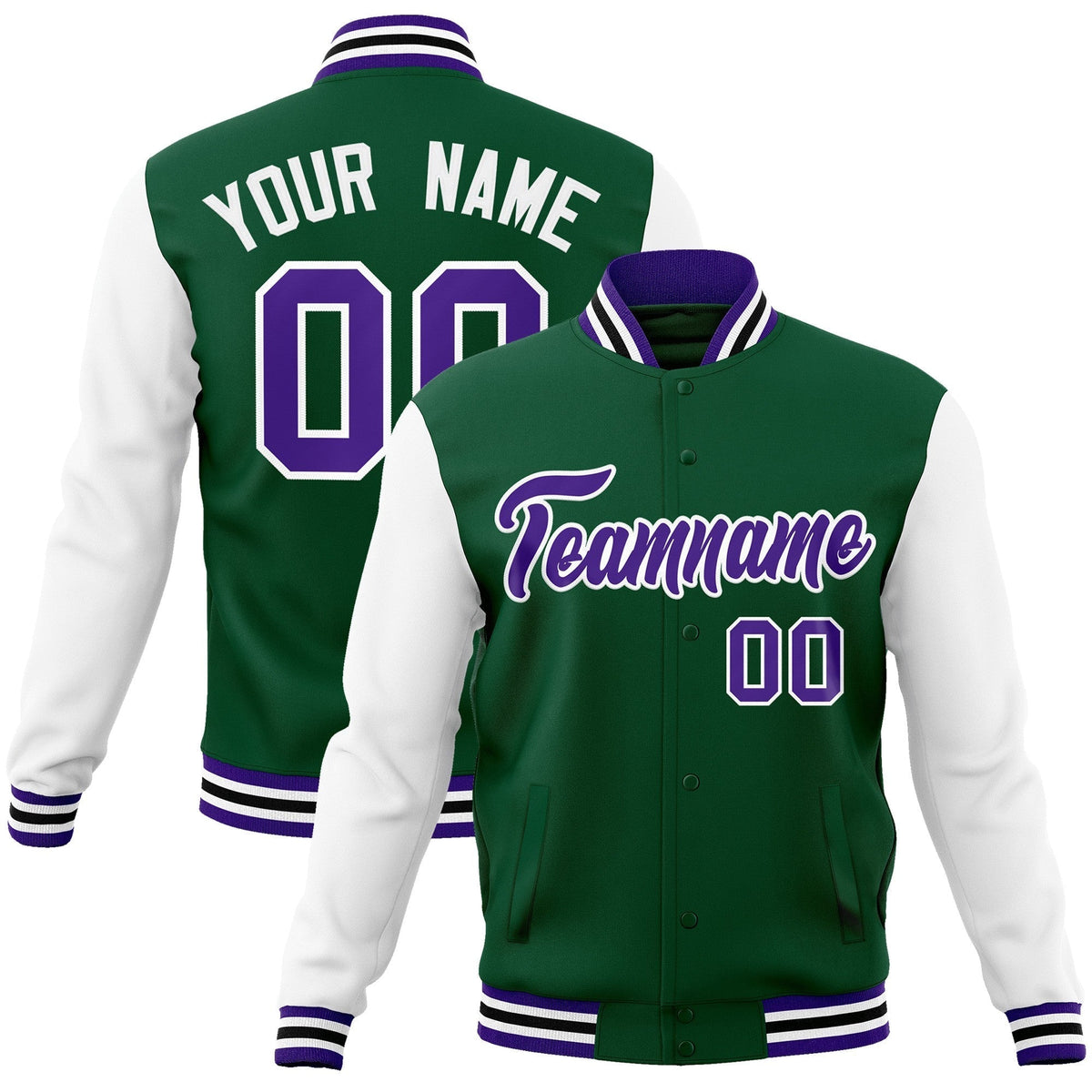Custom Green Purple-White Raglan Sleeves Varsity Full-Snap Letterman Jacket | KXKSHOP