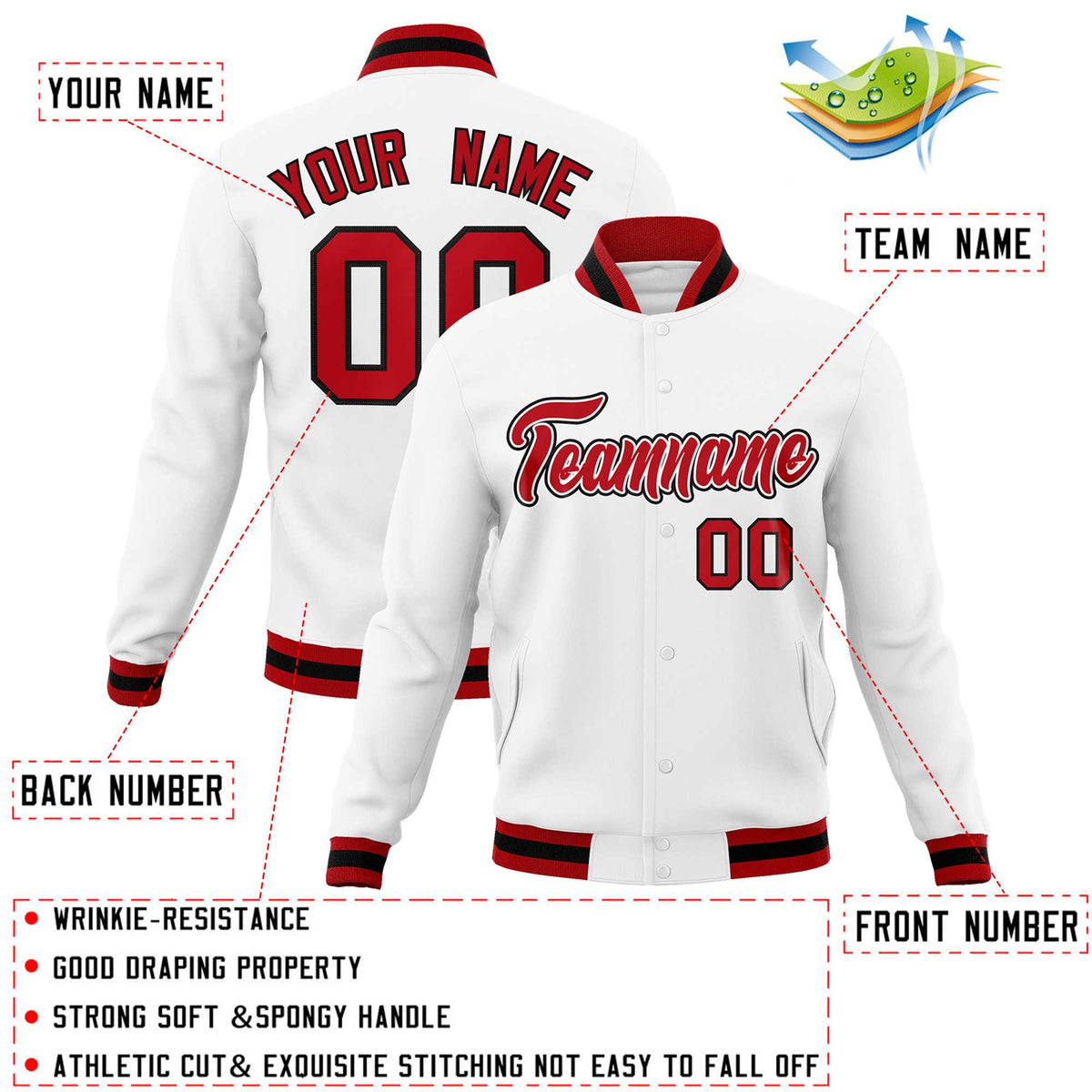Custom White Red-Black Classic Style Varsity Full-Snap Letterman Jacket | KXKSHOP