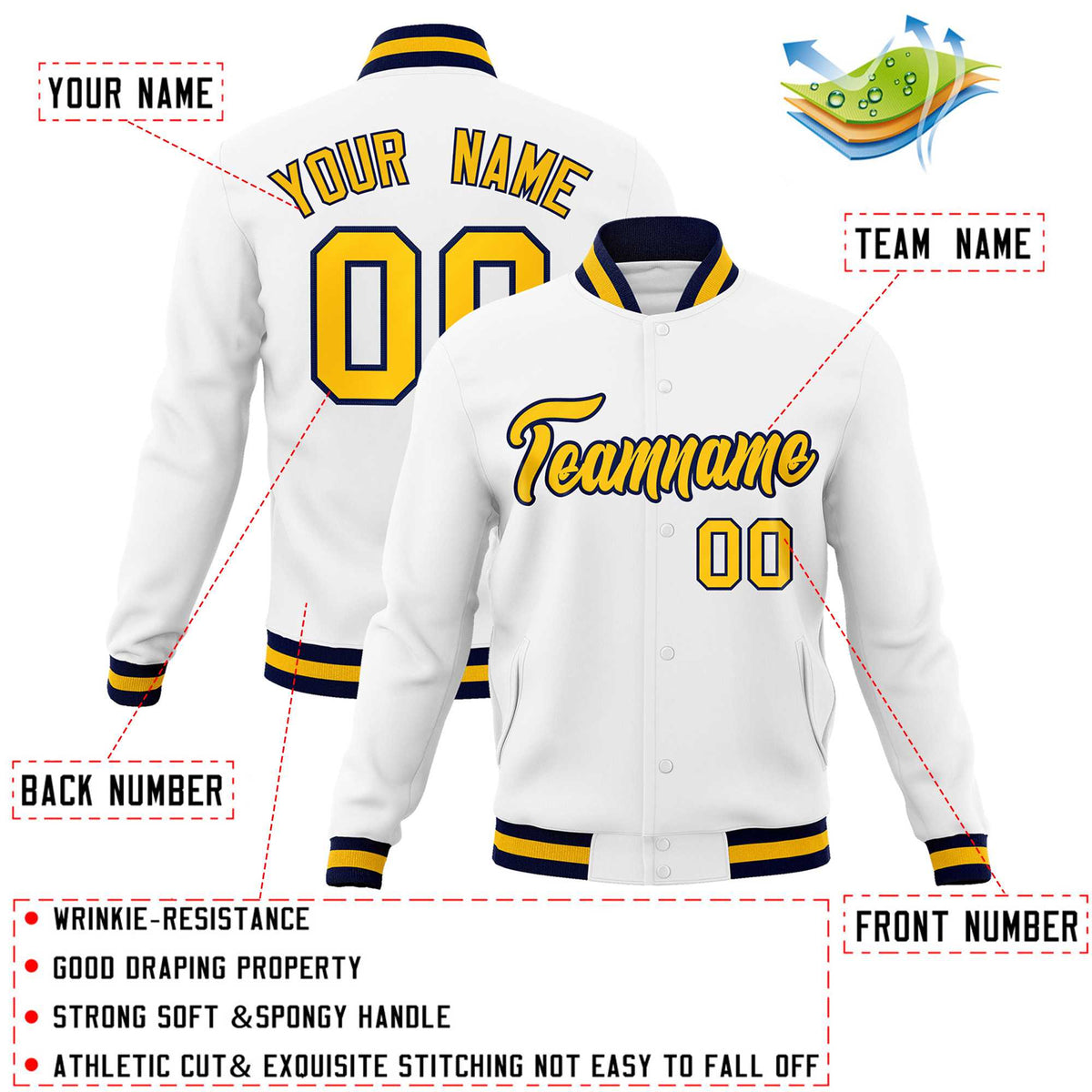 Custom White Red-Black Classic Style Varsity Full-Snap Letterman Jacket | KXKSHOP