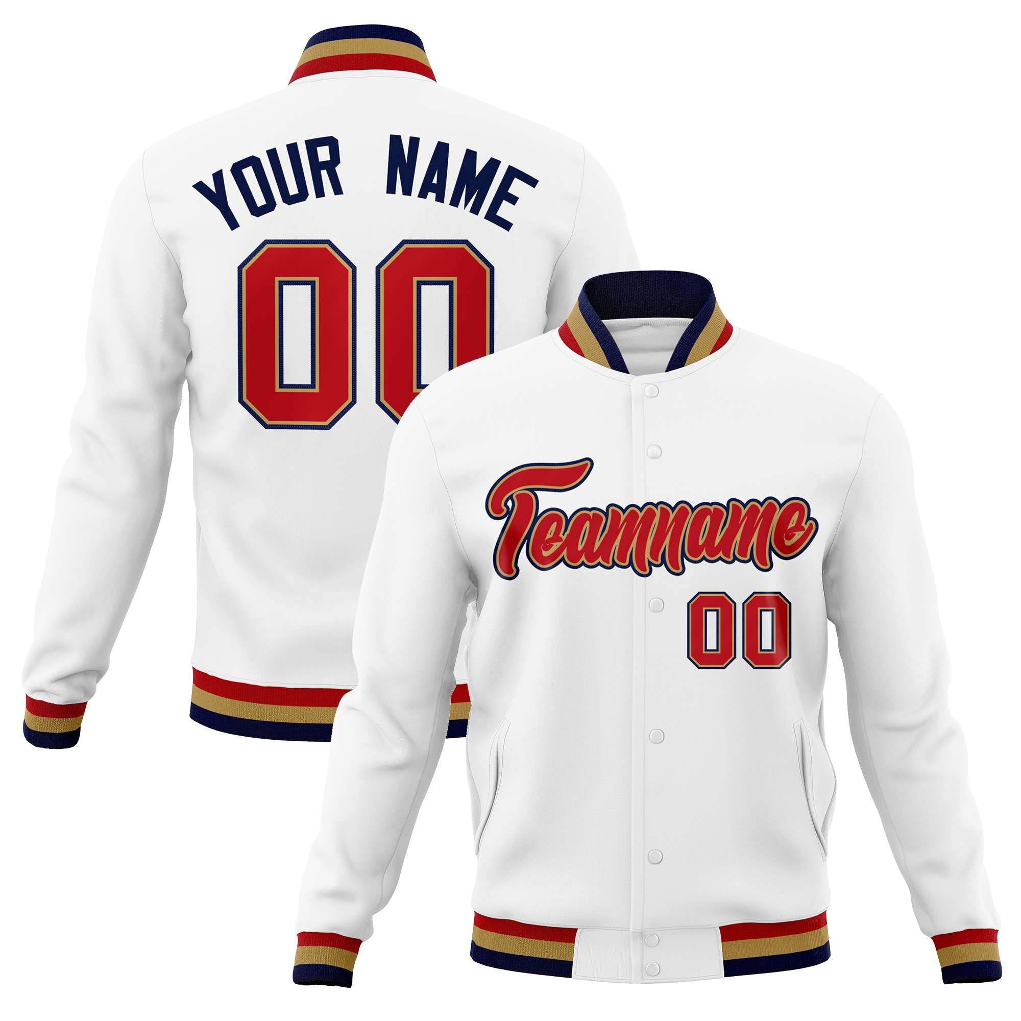 Custom White Red-Black Classic Style Varsity Full-Snap Letterman Jacket | KXKSHOP